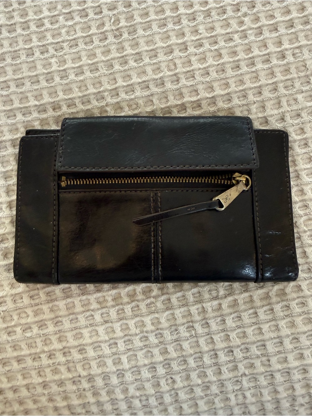 Black Leather Hobo International Wallet with Exterior Zip Pocket